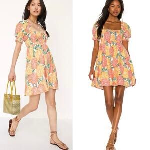 Faithfull the Brand Miguelina Linen Mini Dress Size M Marigold Print Cottagecore